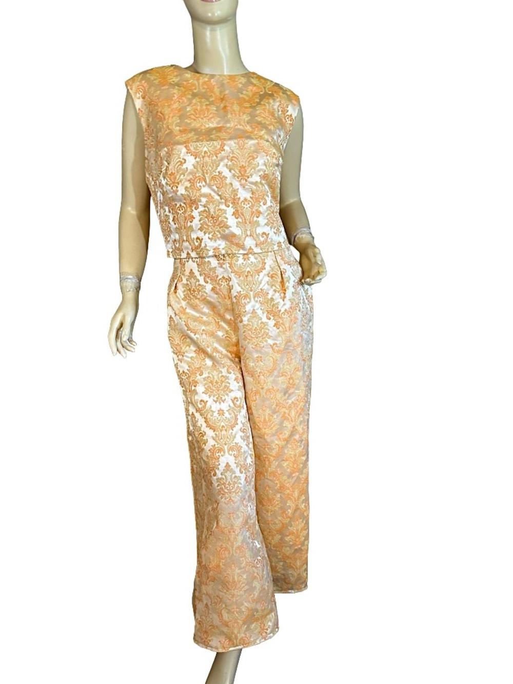 HANDMADE UPCYCLED WIDE LEG PANTS & CROP TOP CREAM & ORANGE SET (XL) - Picture 2 of 12